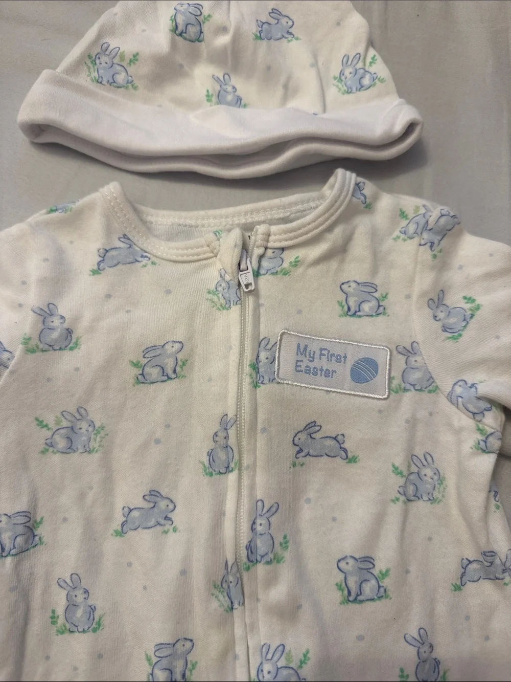 First Easter combo - newborn & 0-3 months - Bunny Print onesie with hat & chicks